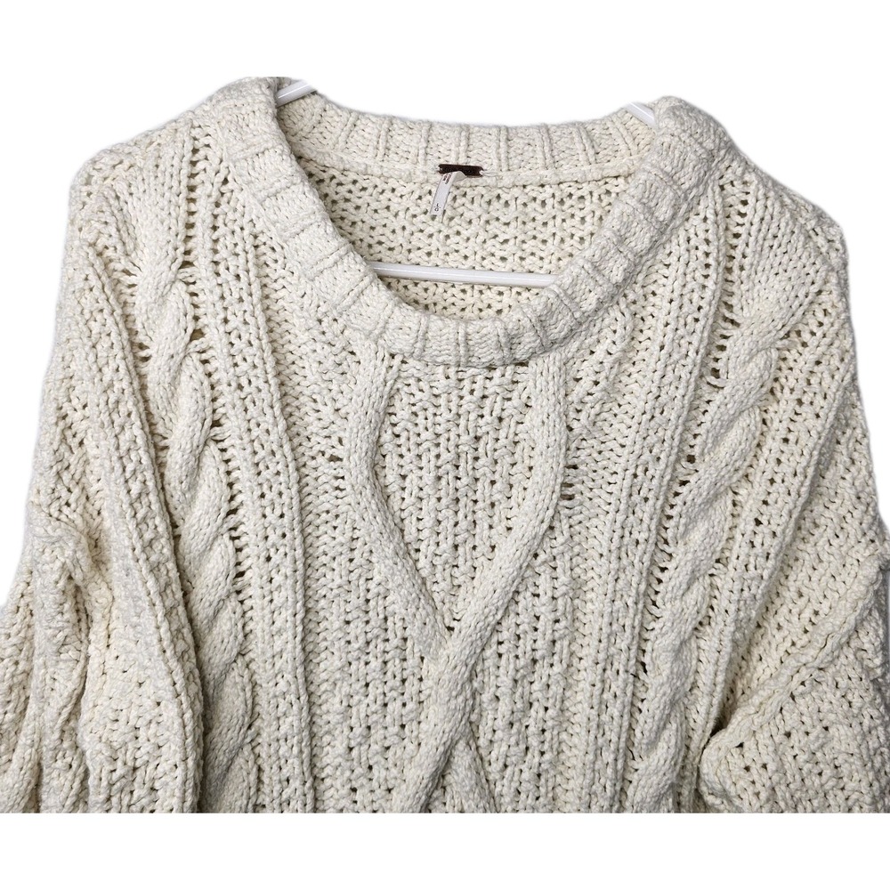 Free People Womens Large Ivory Crop Chunky Open Cable Knit Sweater Top 100% Cott - Picture 3 of 10